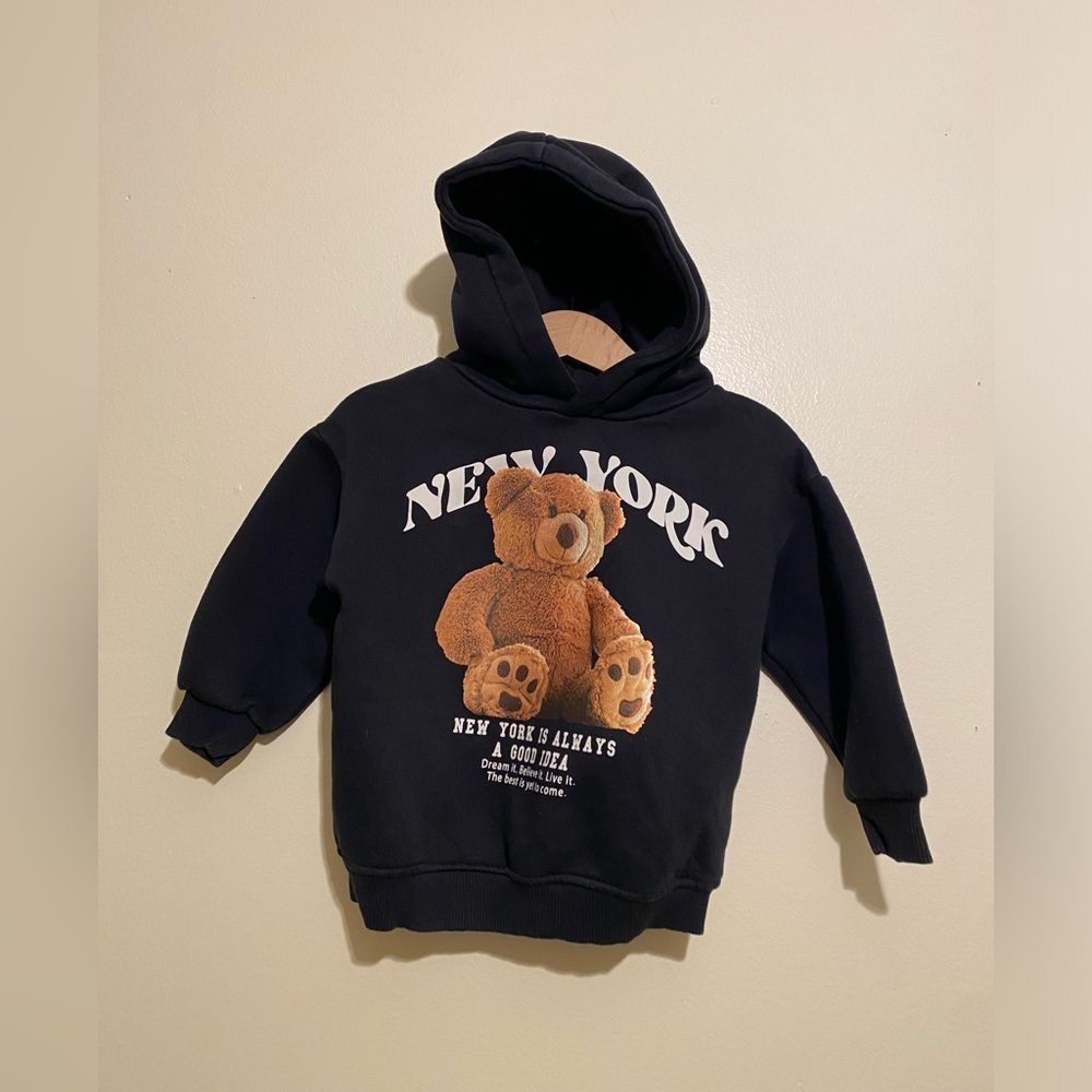 Zara Black Hoodie with Teddy Bear and New York Print. Size 12-18m